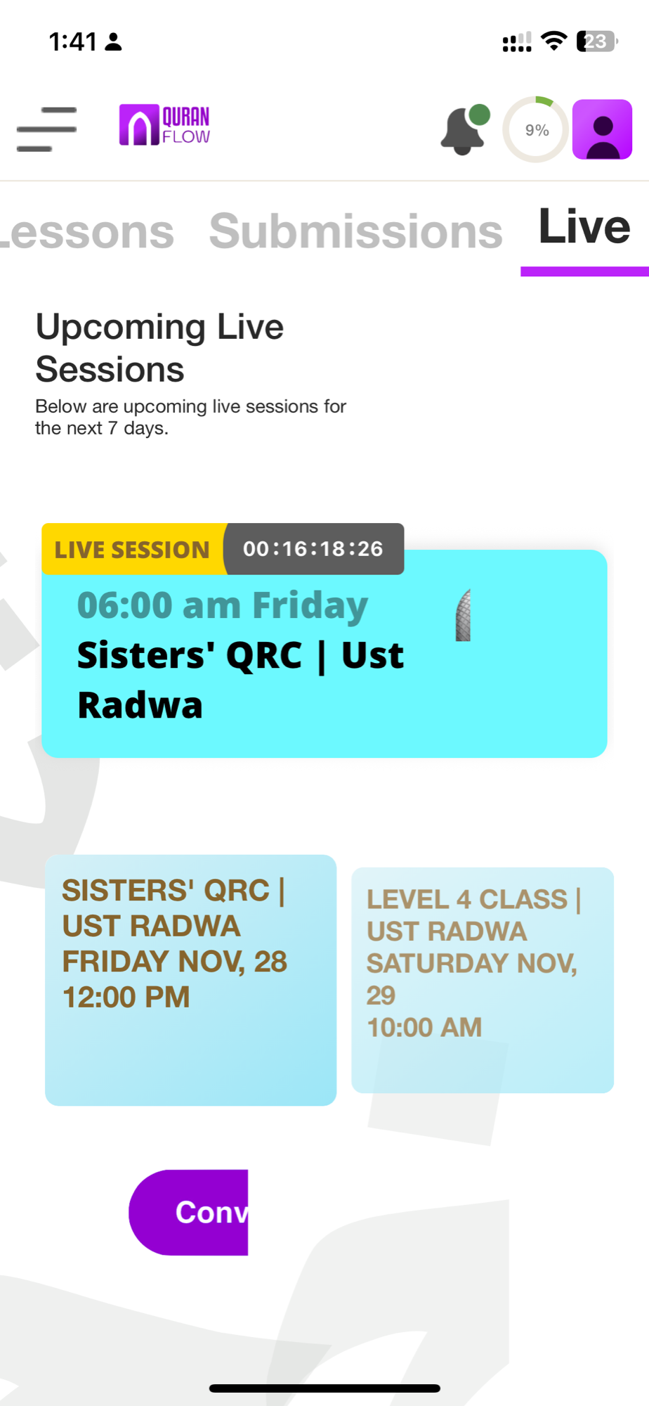 Live sessions screen