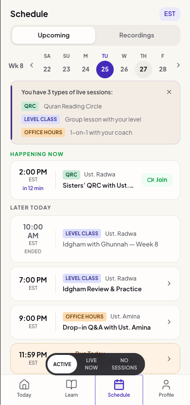 v3 — Schedule with session types and timezone